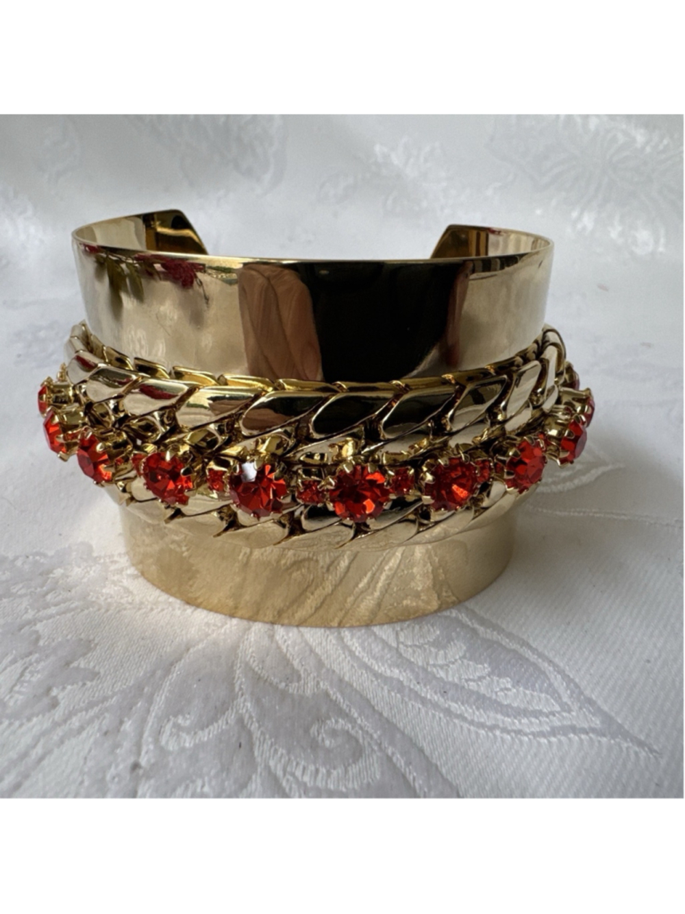 Heidi Daus Bracelet Shiny GoldTone Red Stones Chunky 2" Wide Cuff Bangle NEW